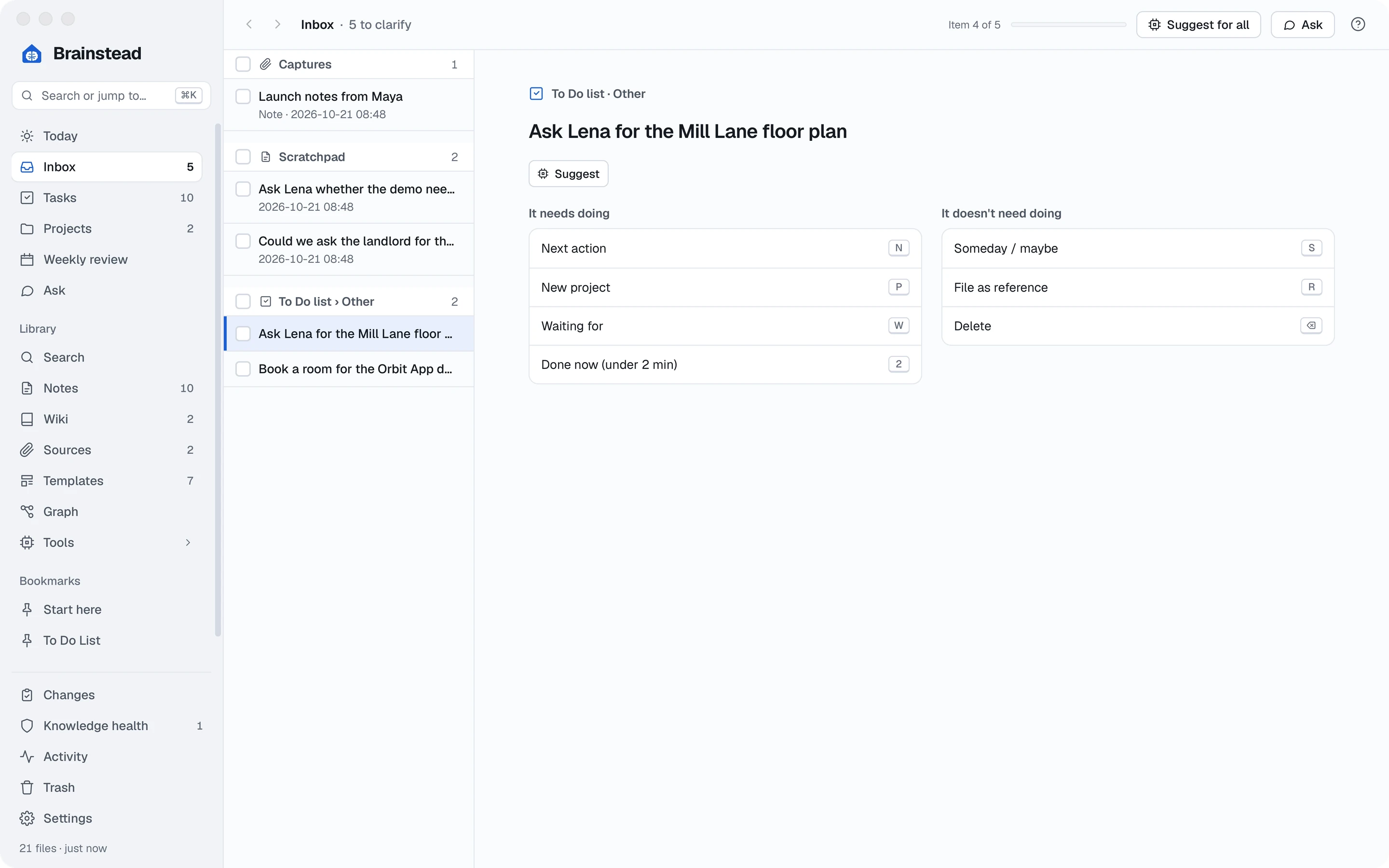 The Inbox with the captured task and thought