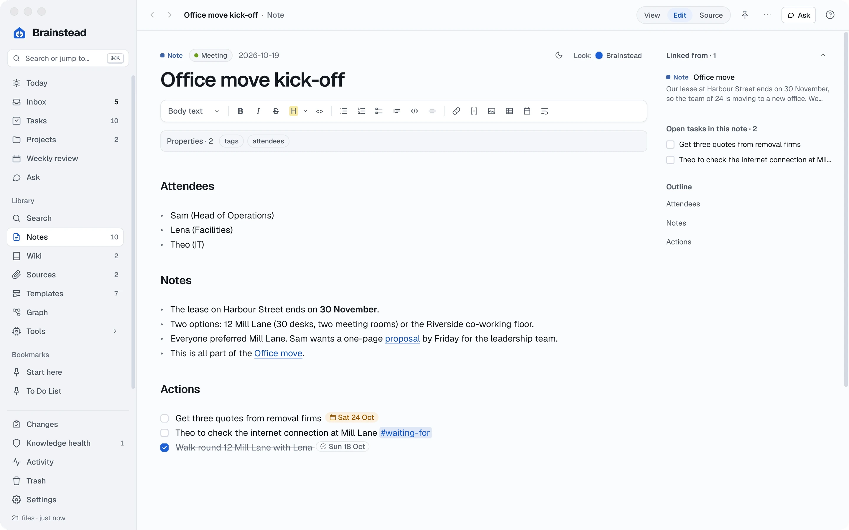 The kick-off meeting note in Edit, with links to the project and the proposal