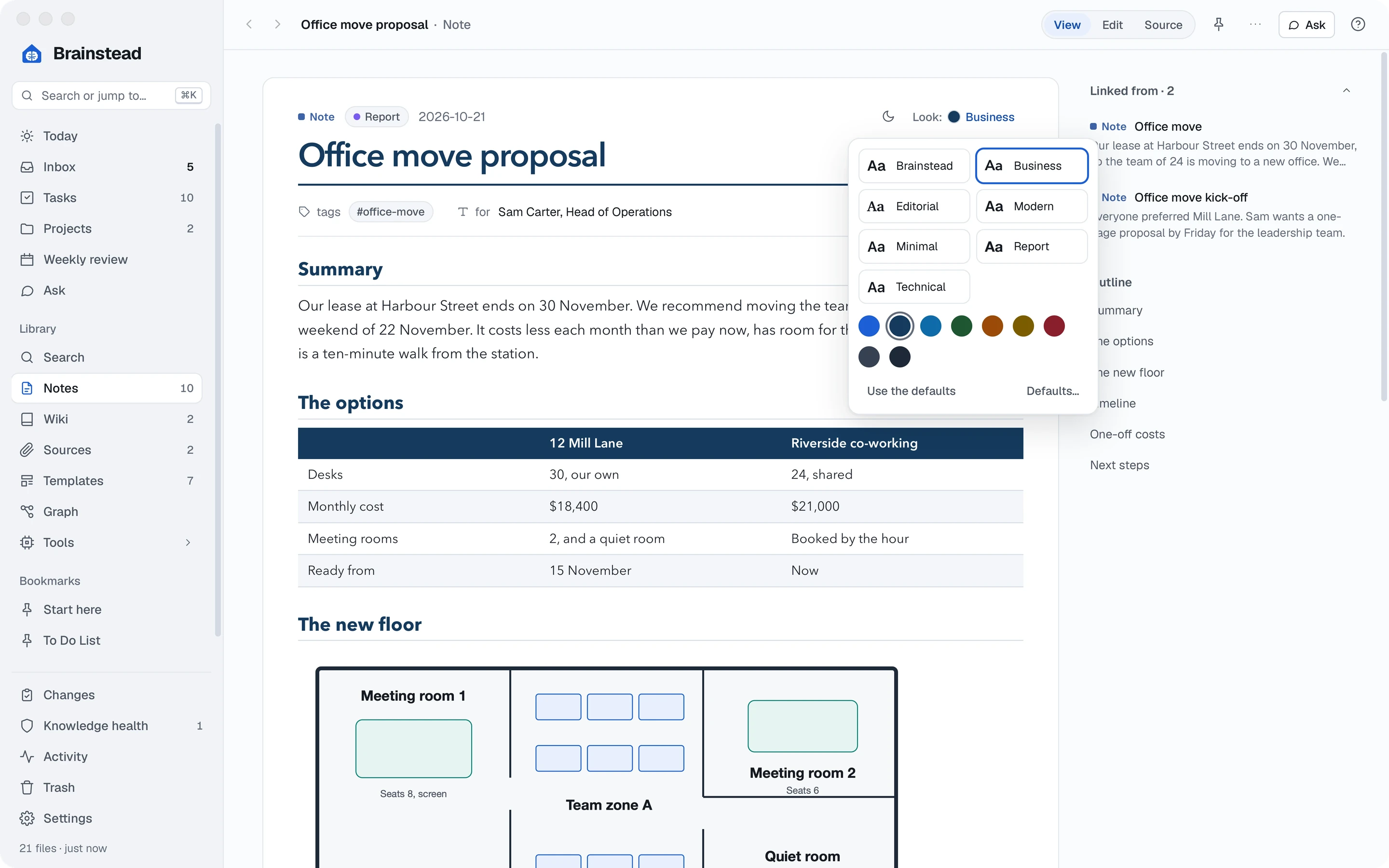 The Look menu open on the proposal, with the Business theme chosen