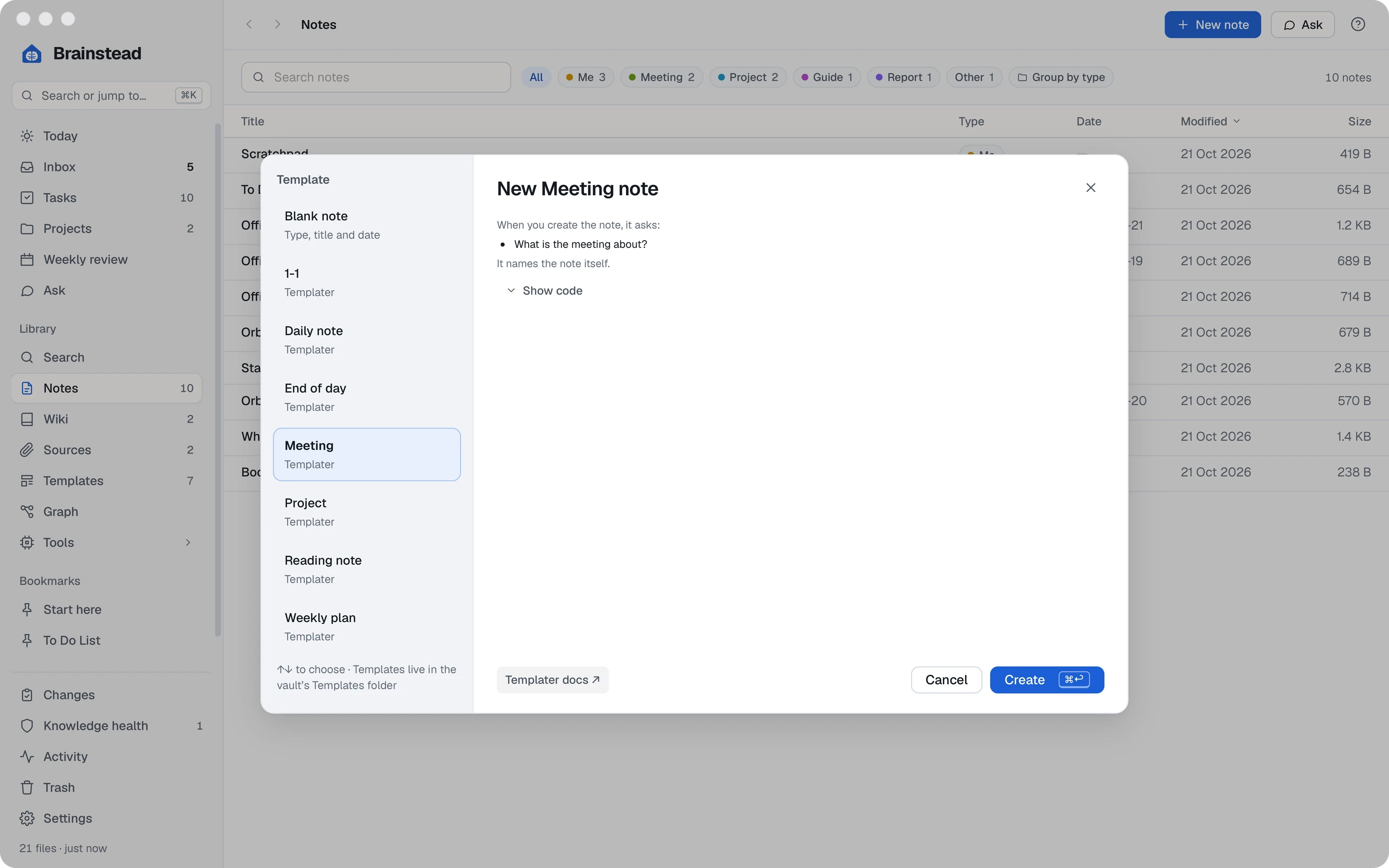 The New note dialog with the Meeting template chosen