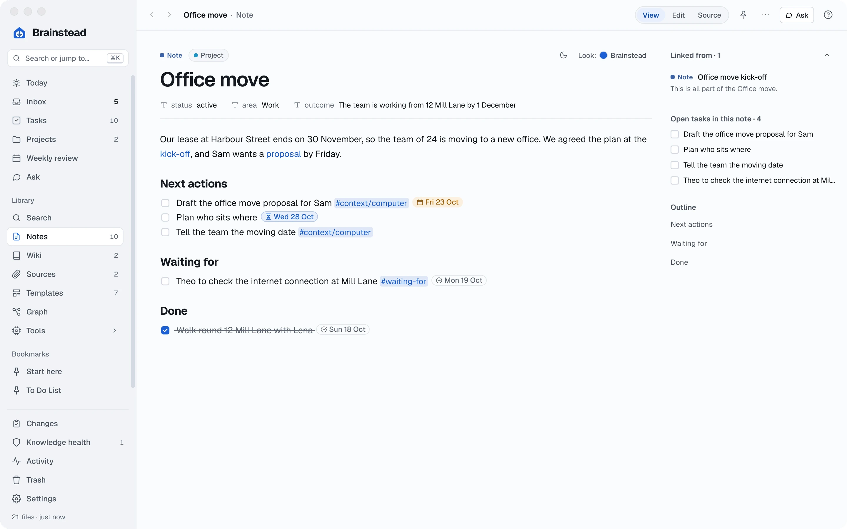 The Office move project, with the meeting note under Linked from