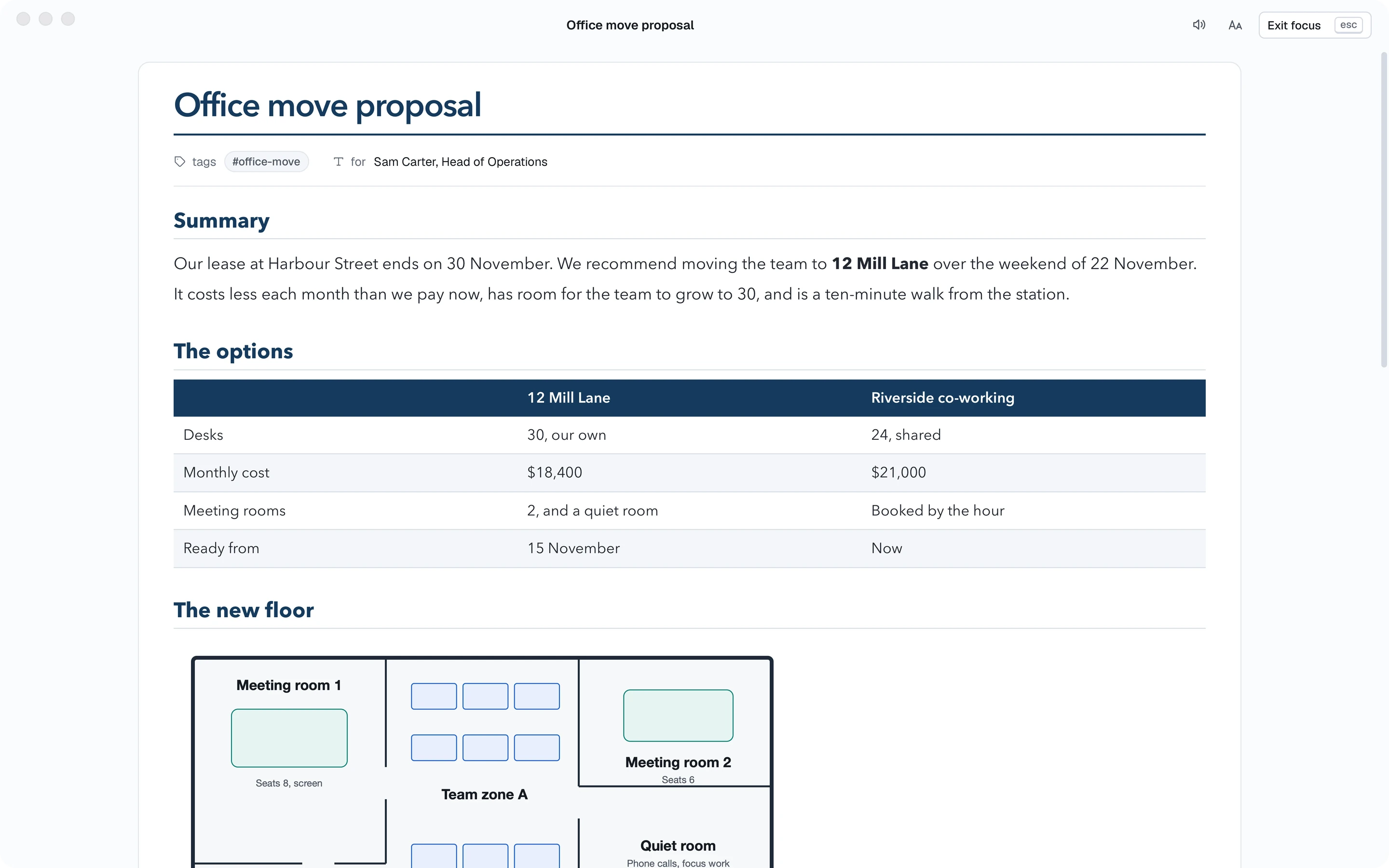 The finished proposal in the Business theme, with the floor plan