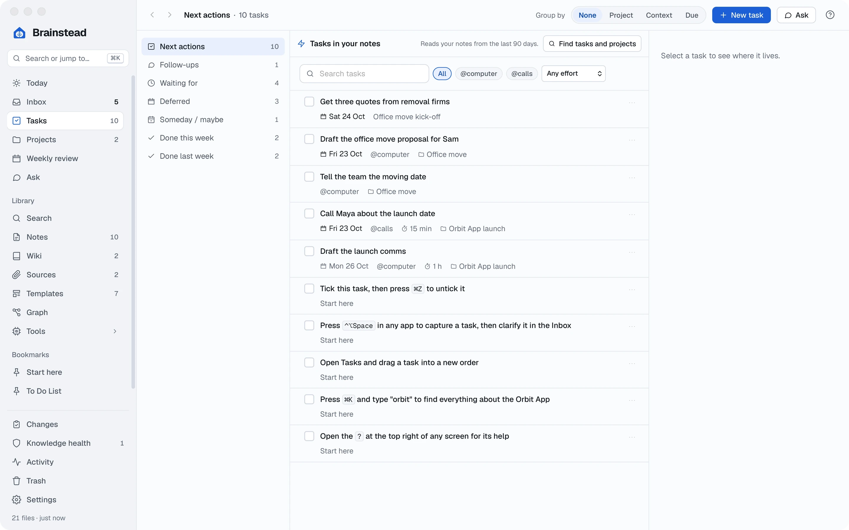 The Tasks screen with the office move tasks and their due dates