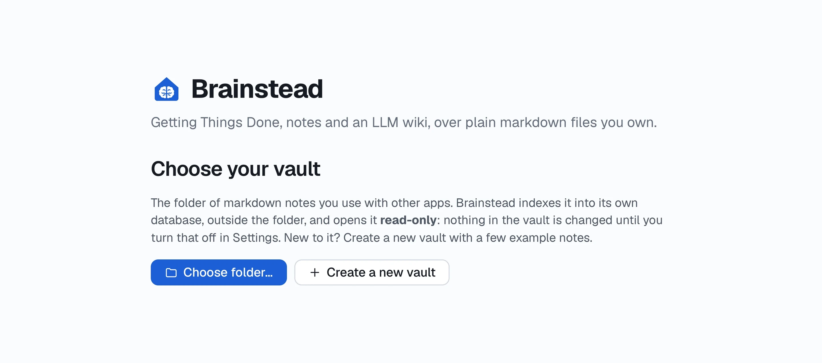 Brainstead's welcome screen, with Choose folder and Create a new vault