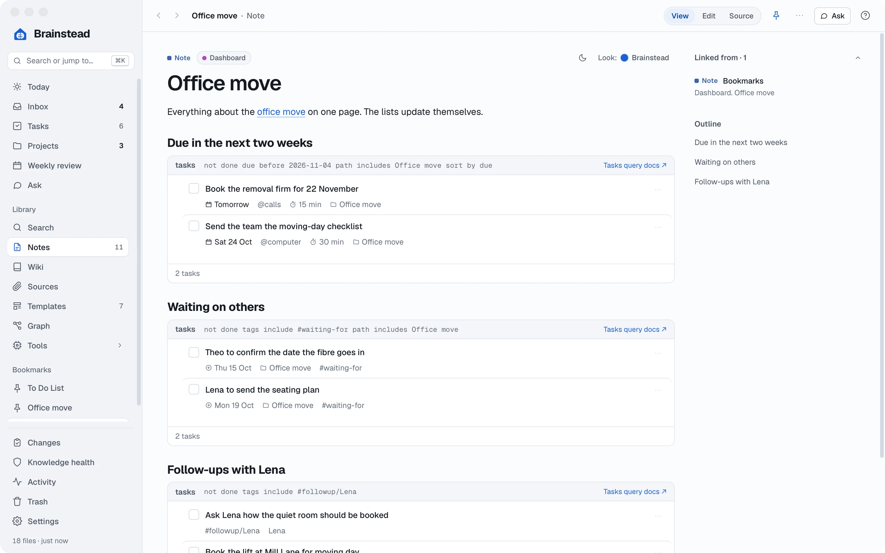 The Office move dashboard with three live task lists