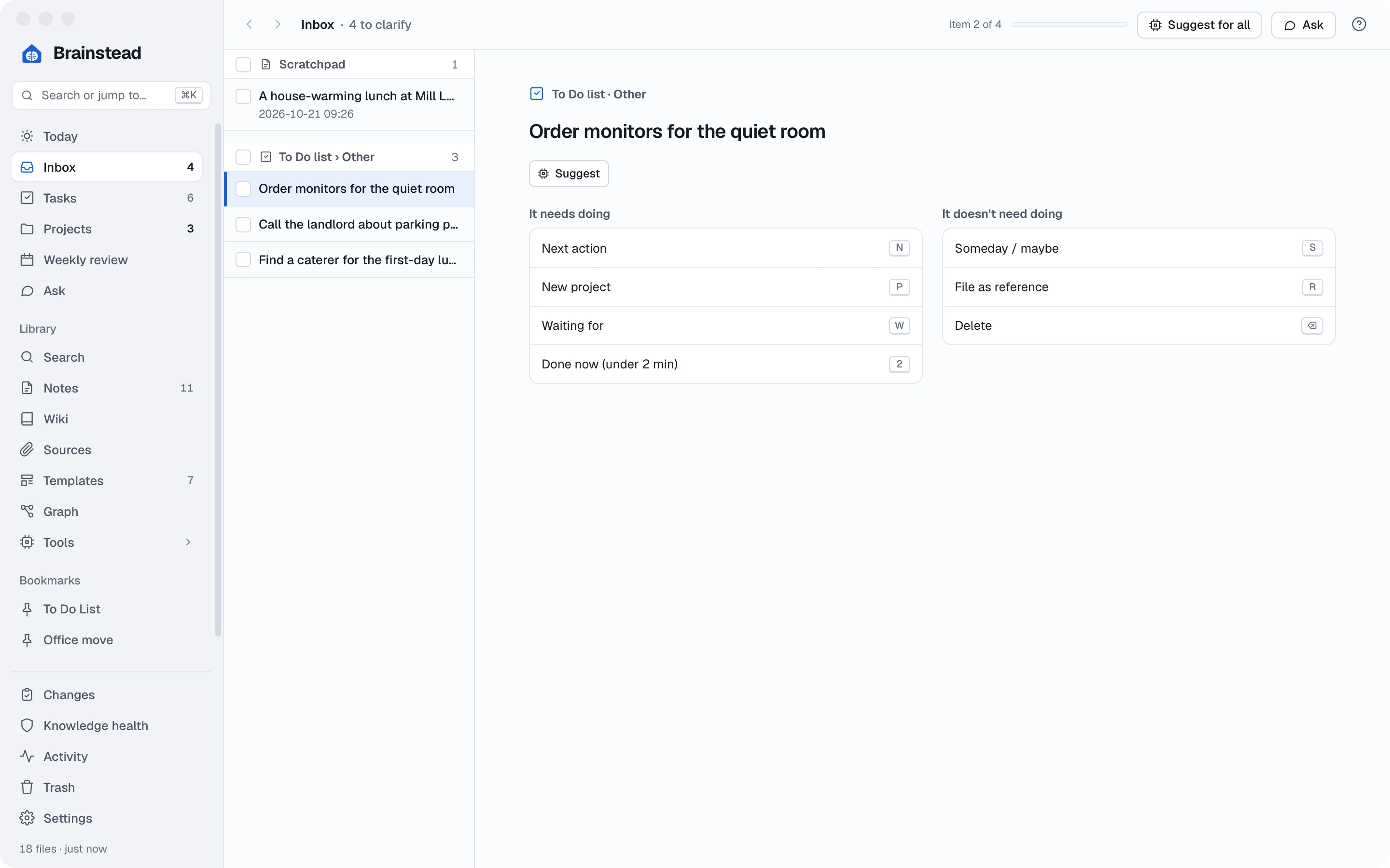 The Inbox with a captured task open and the choices for it