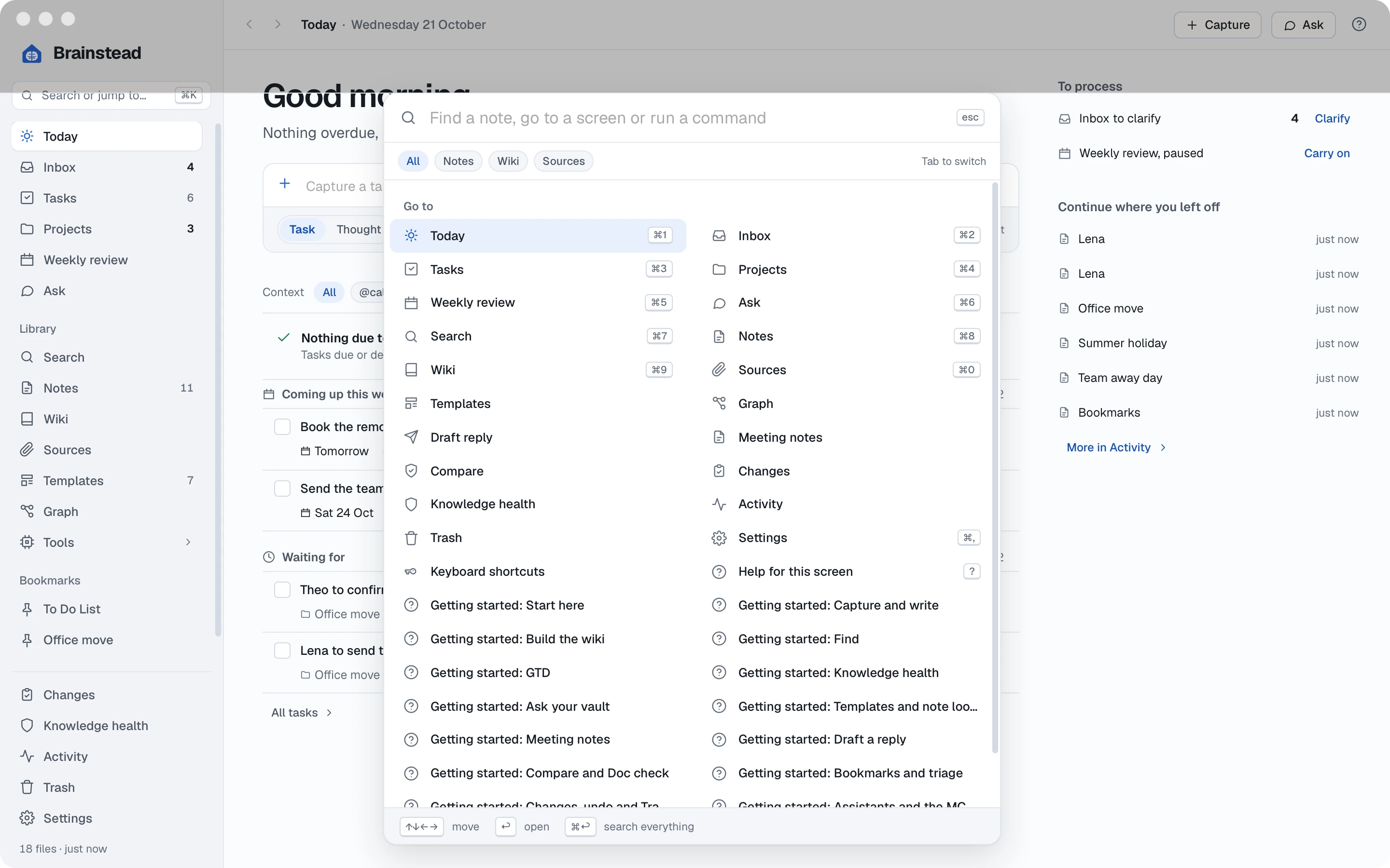 The search box open over Today, listing screens and commands