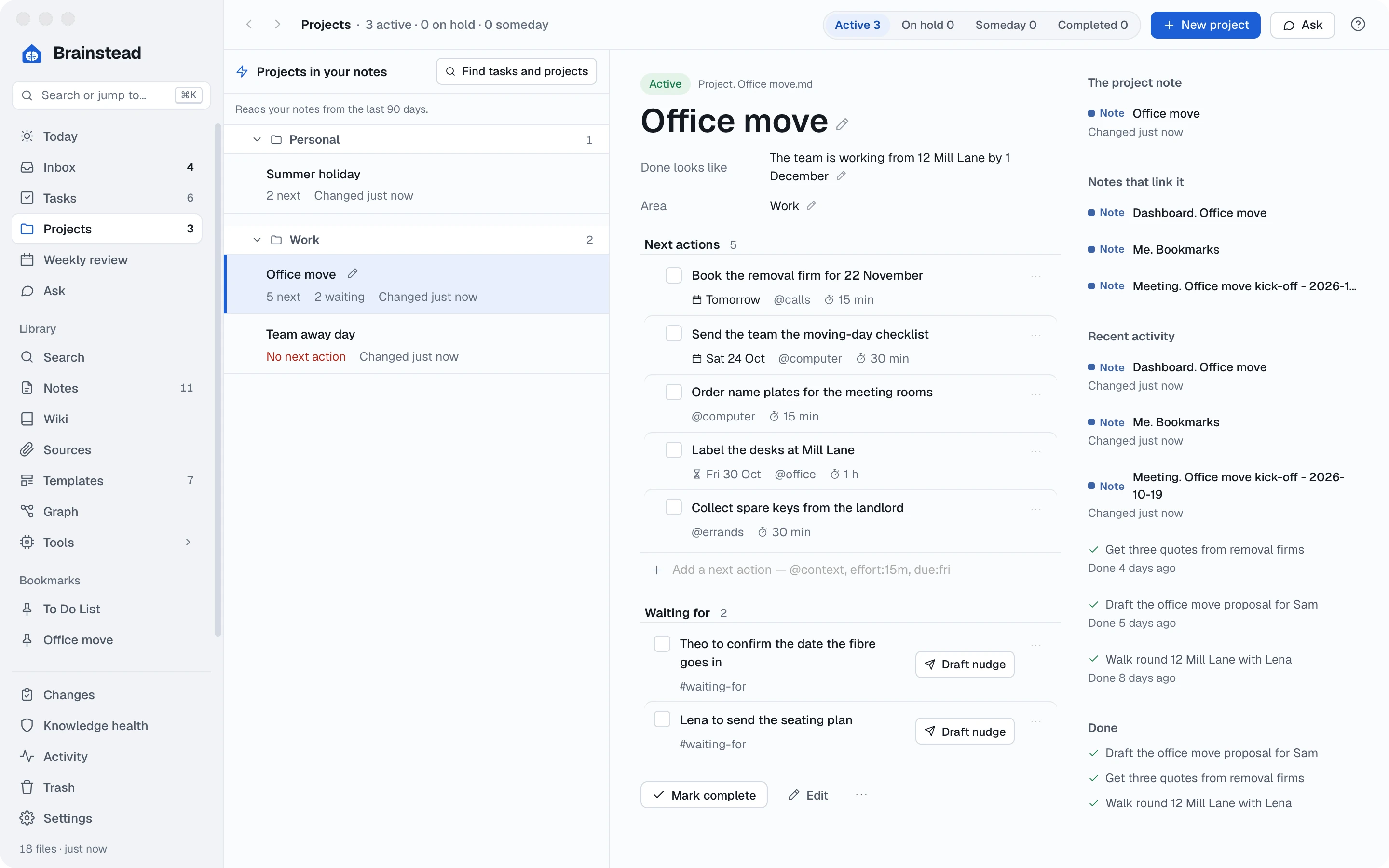 Projects grouped by area, with Office move open and its next actions and waiting-fors