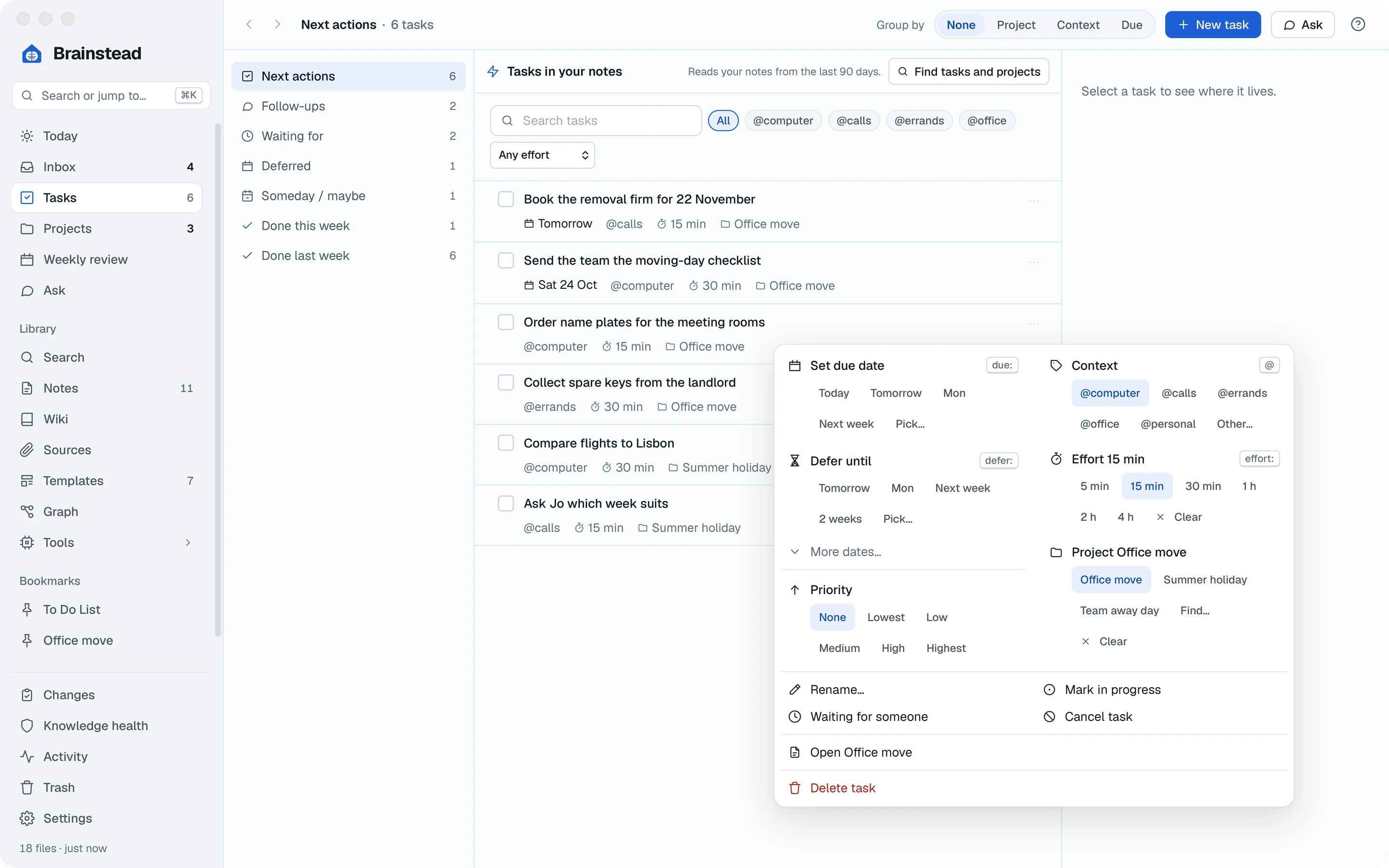 A task's menu: due date, defer until, context, effort, project and priority