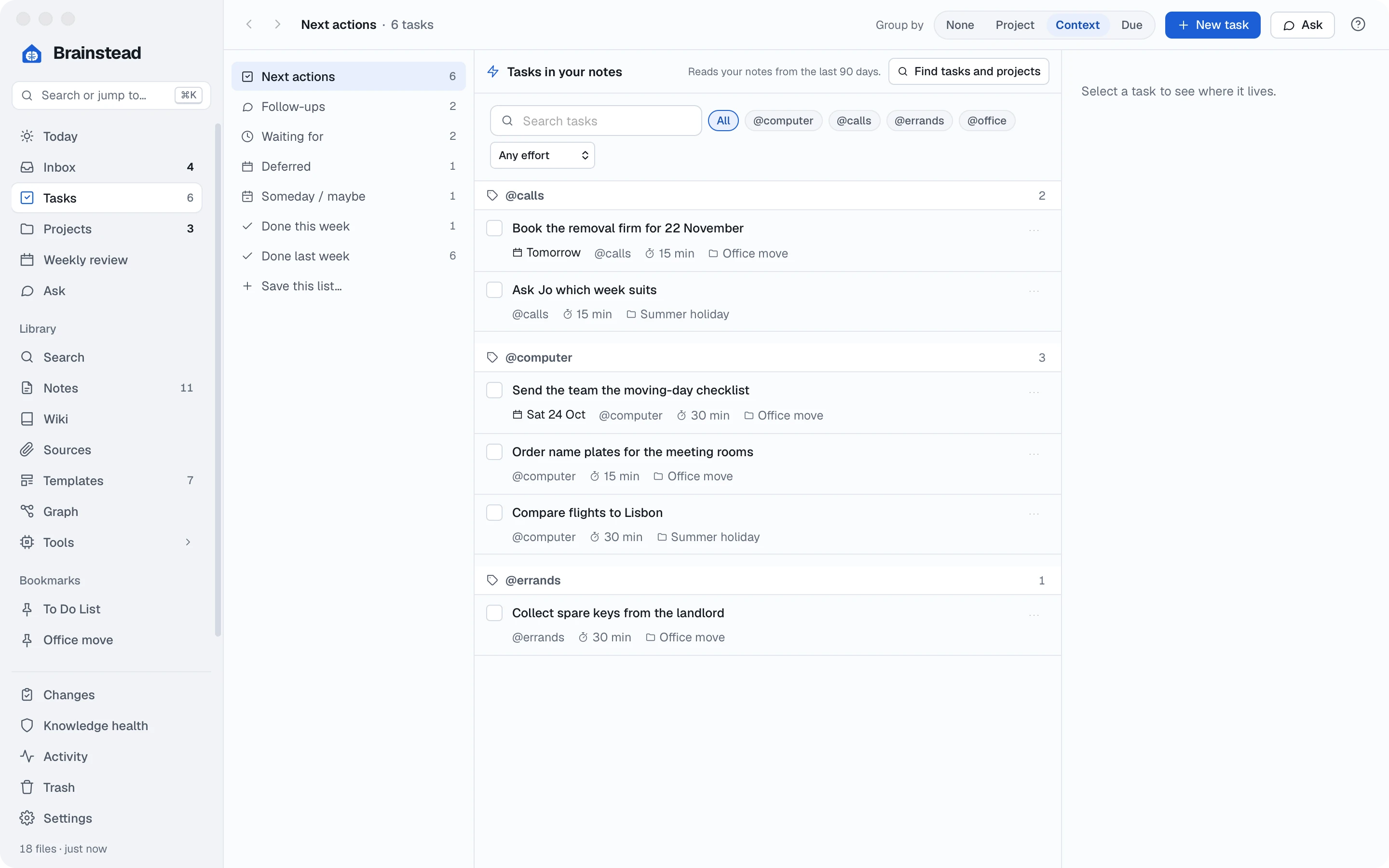 Next actions grouped by context: calls, computer and errands