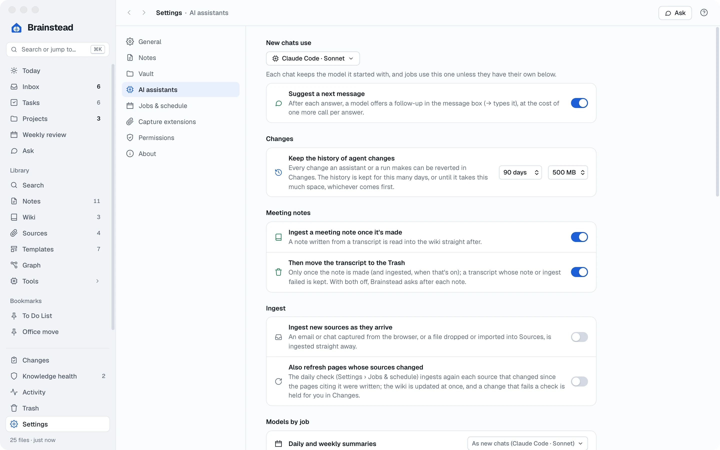 Settings, AI assistants: the model new chats use, and settings for meeting notes and ingest