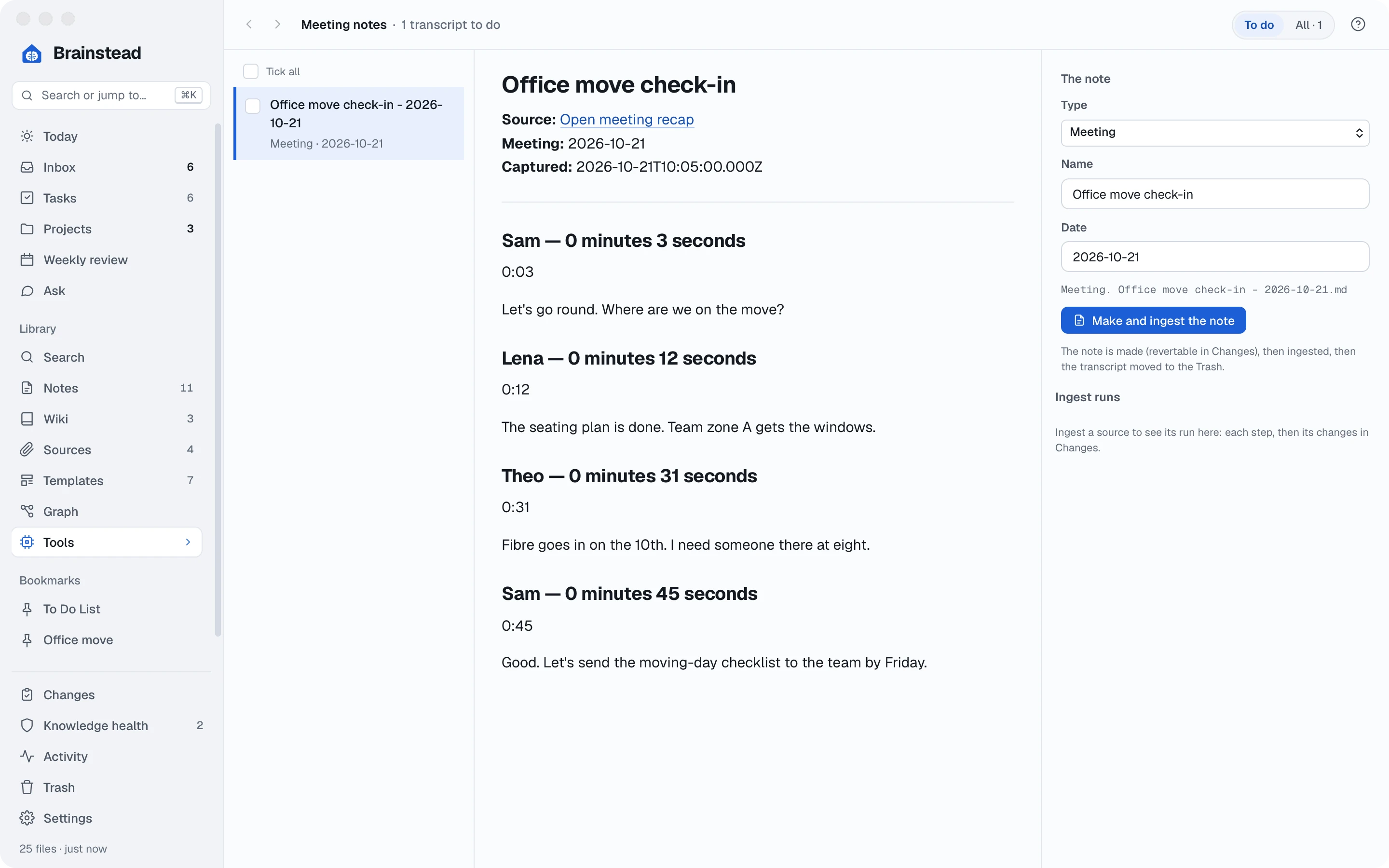 Meeting notes: the check-in transcript, with the note's type, name and date ready to make