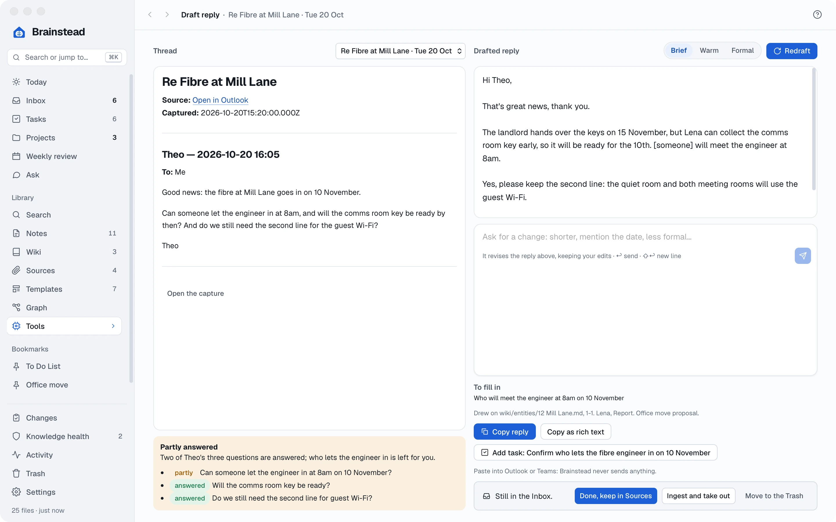 Draft reply: Theo's email on the left, the drafted reply on the right, with what's left to fill in