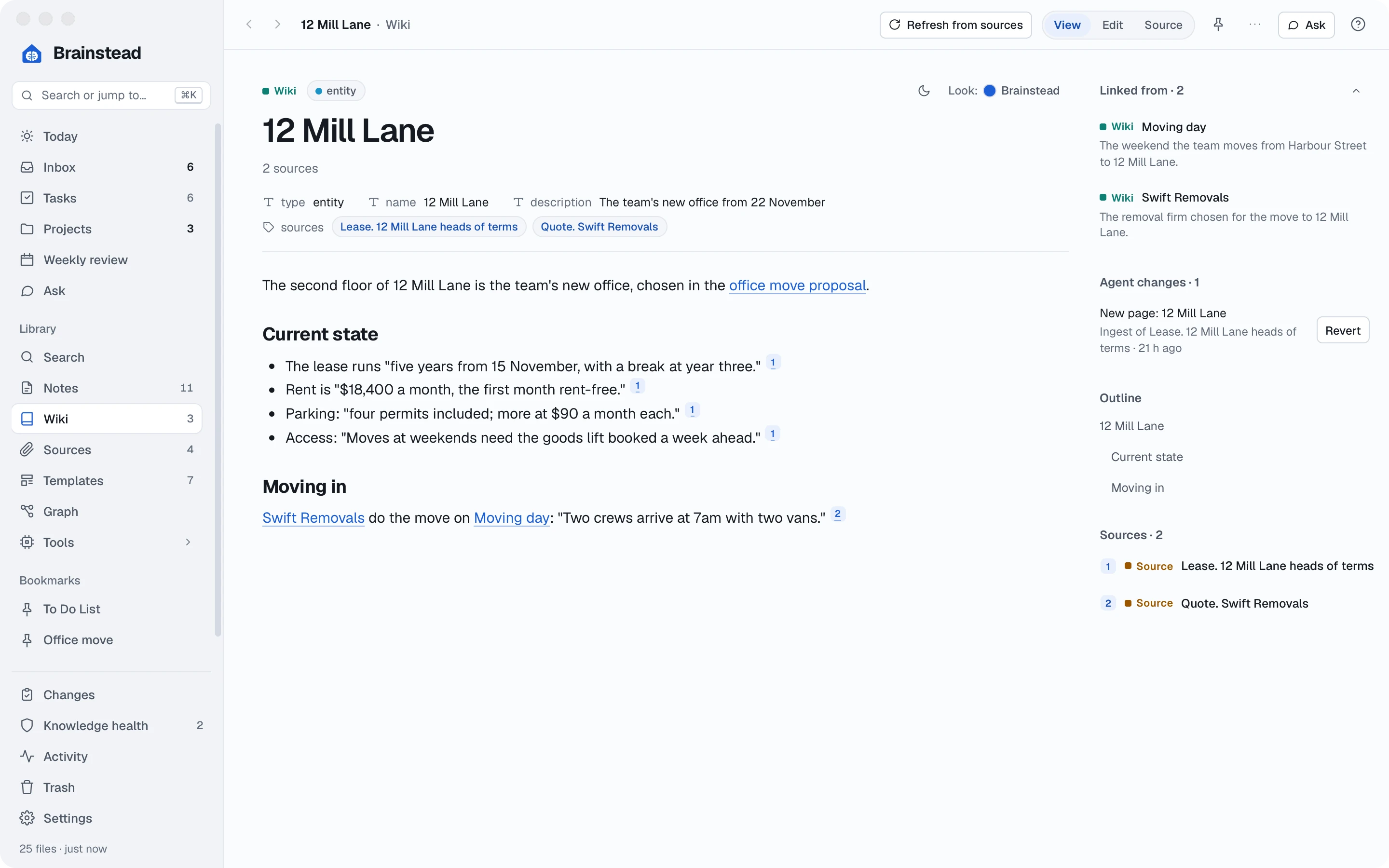 The 12 Mill Lane wiki page, each fact quoted with a small citation number, and its two sources
