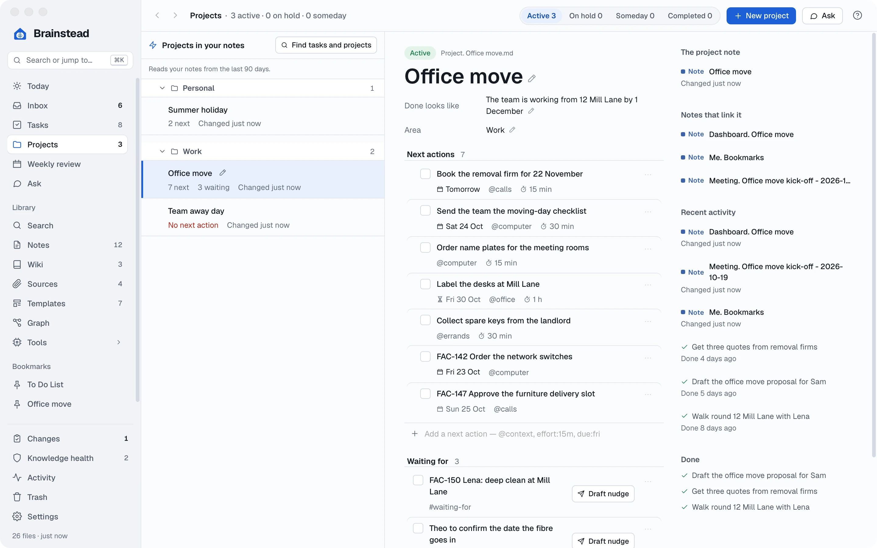 The Office move project with the Jira tickets among its next actions and waiting-fors