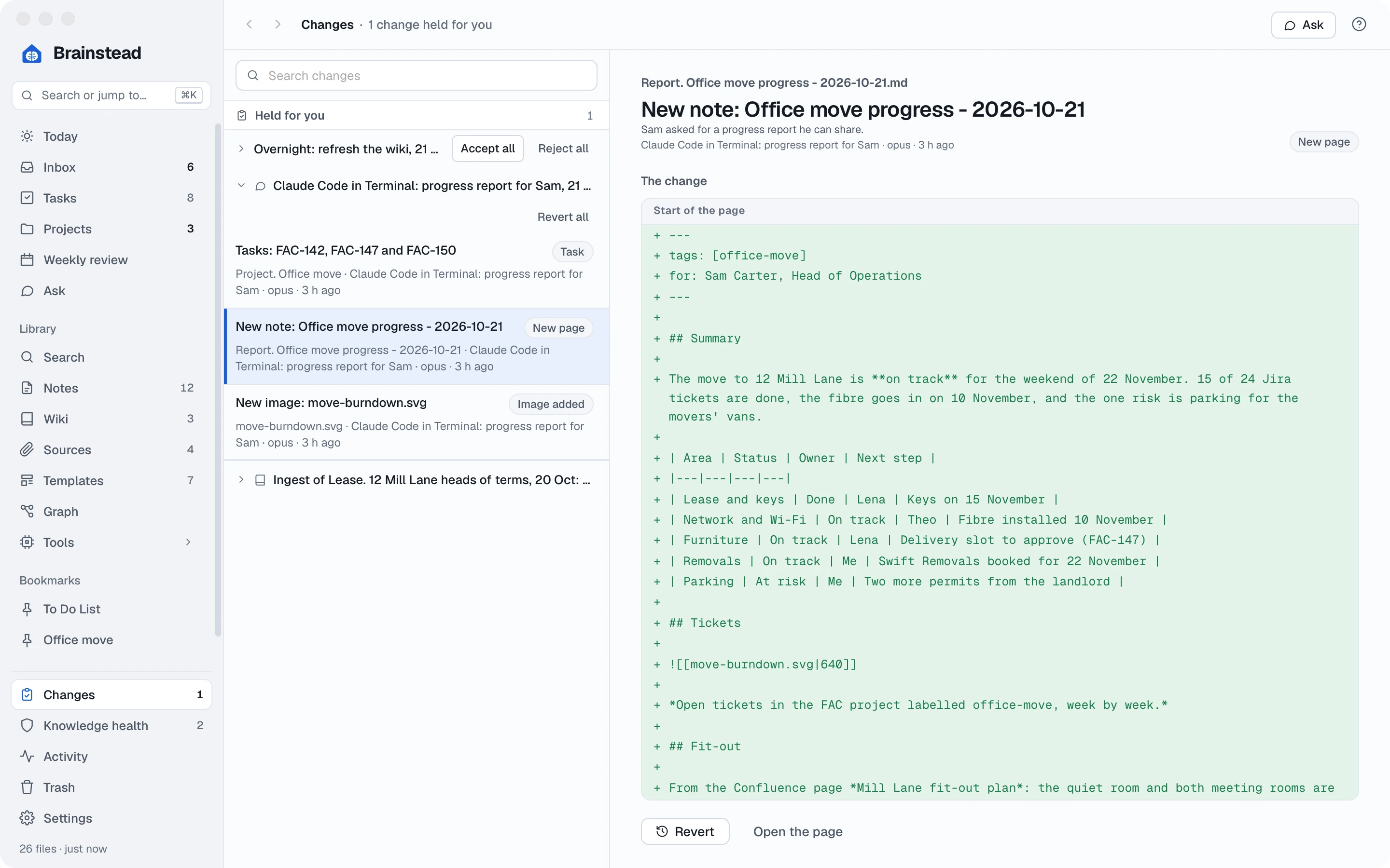 Changes: the terminal session's three changes, a new image, a new note and three tasks, each with Revert