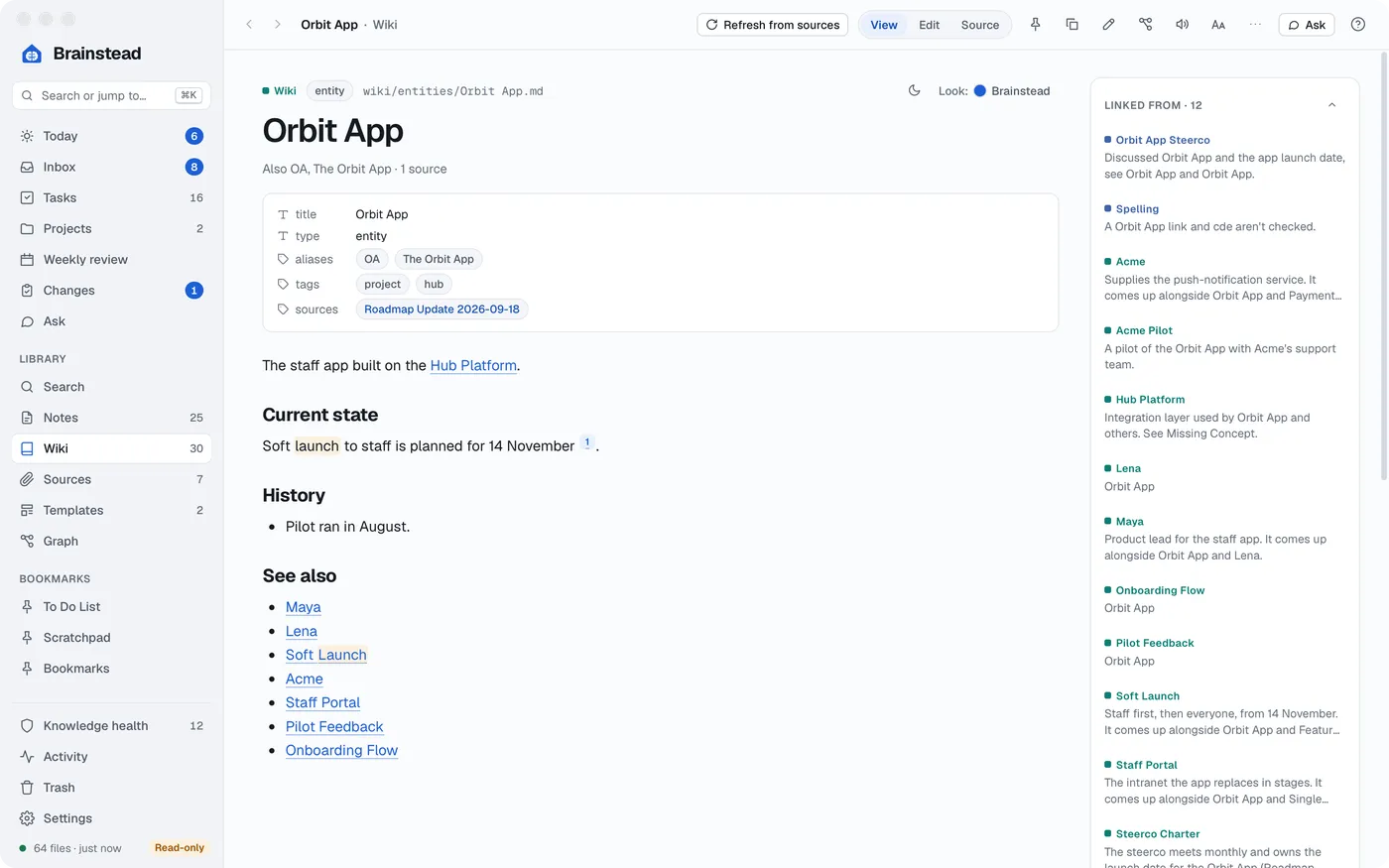 A wiki page about Orbit App, with the pages that link to it